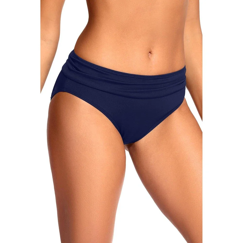 Zmart Women's Navy Blue Full Coverage Ruched Bikini Bottoms Tummy Control Swim M